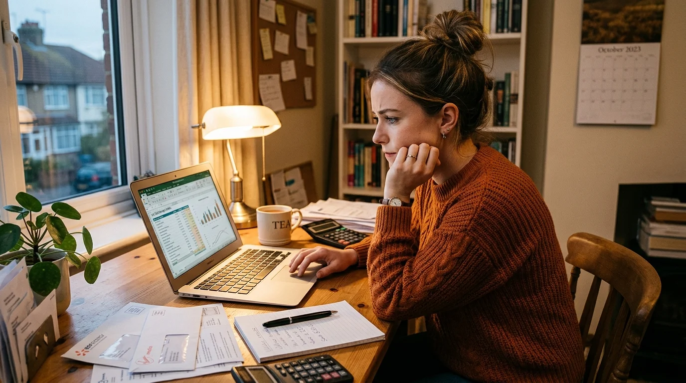 Young UK Gen Z woman managing financial challenges and budgeting in 2026