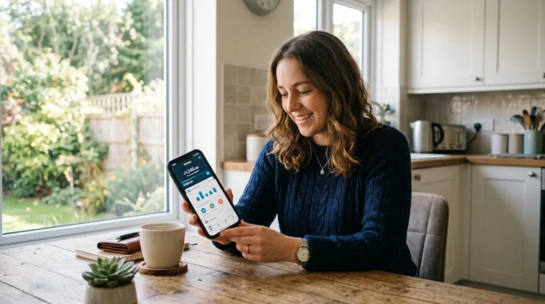 Gen Z money habits UK 2026 — young woman using budgeting app at home