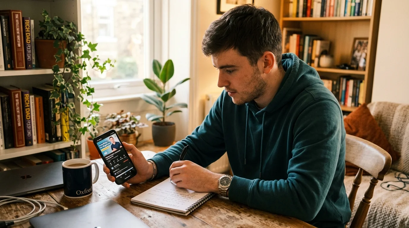 Young UK Gen Z man learning about money habits from social media in 2026