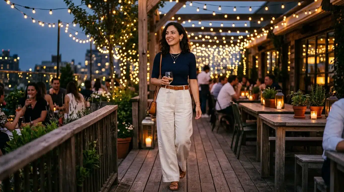 Woman wearing a trendy going out outfit for summer 2026 with wide-leg trousers