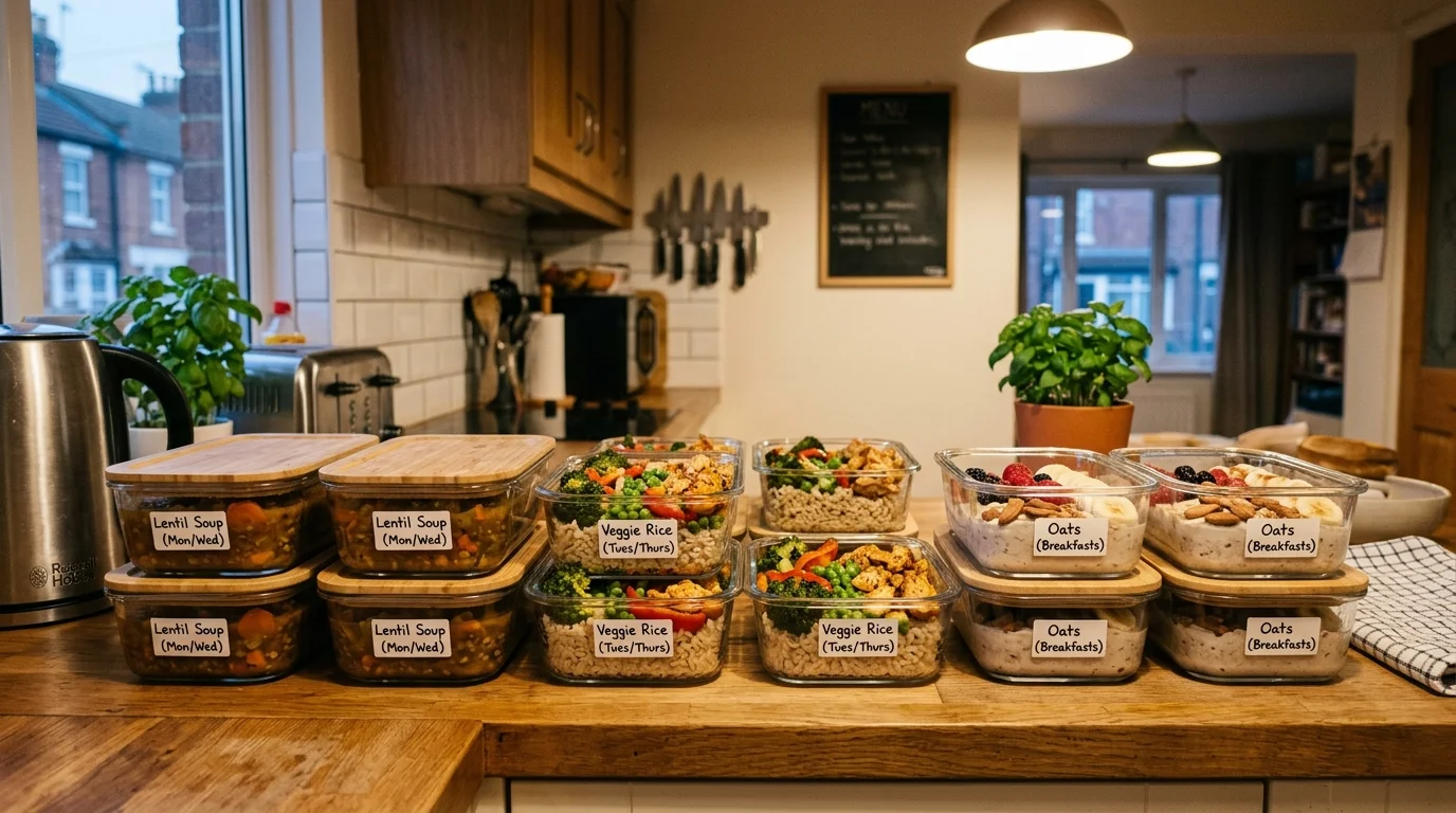Batch cooking healthy budget meals in UK kitchen 2026 — meal prep containers