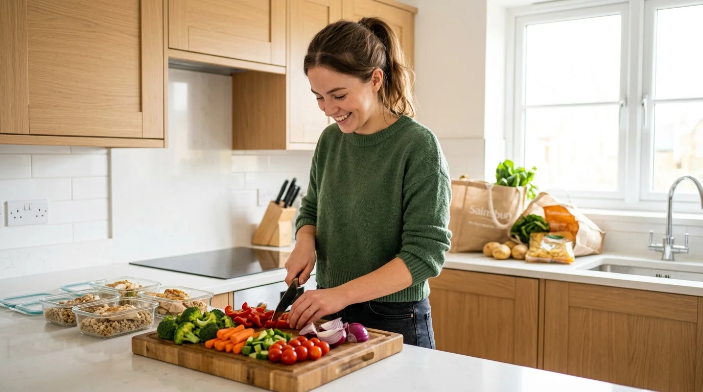 Healthy eating on a budget UK 2026 — woman meal prepping fresh vegetables in kitchen