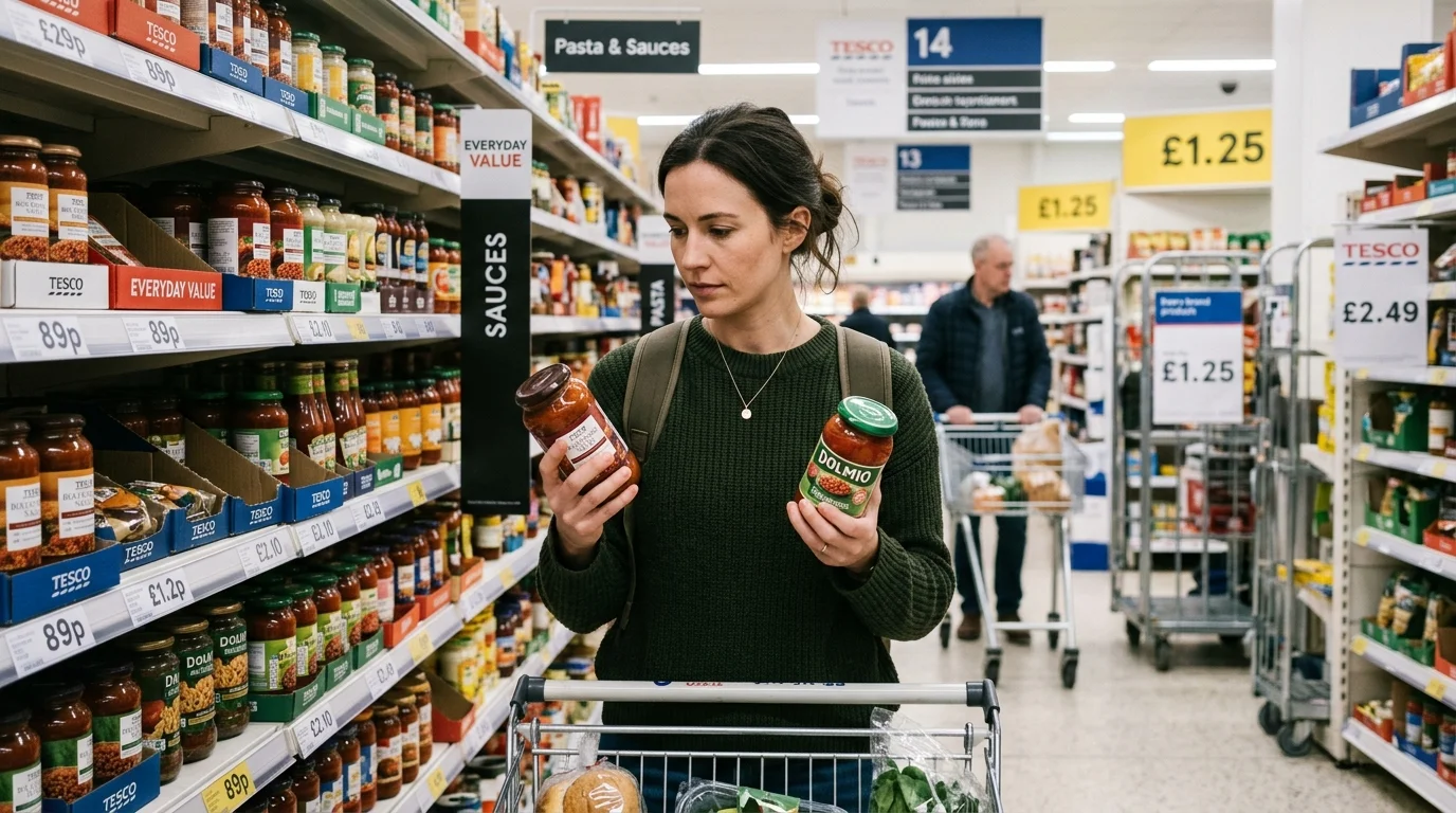 Smart shopper comparing own brand vs branded products for healthy eating on a budget UK 2026