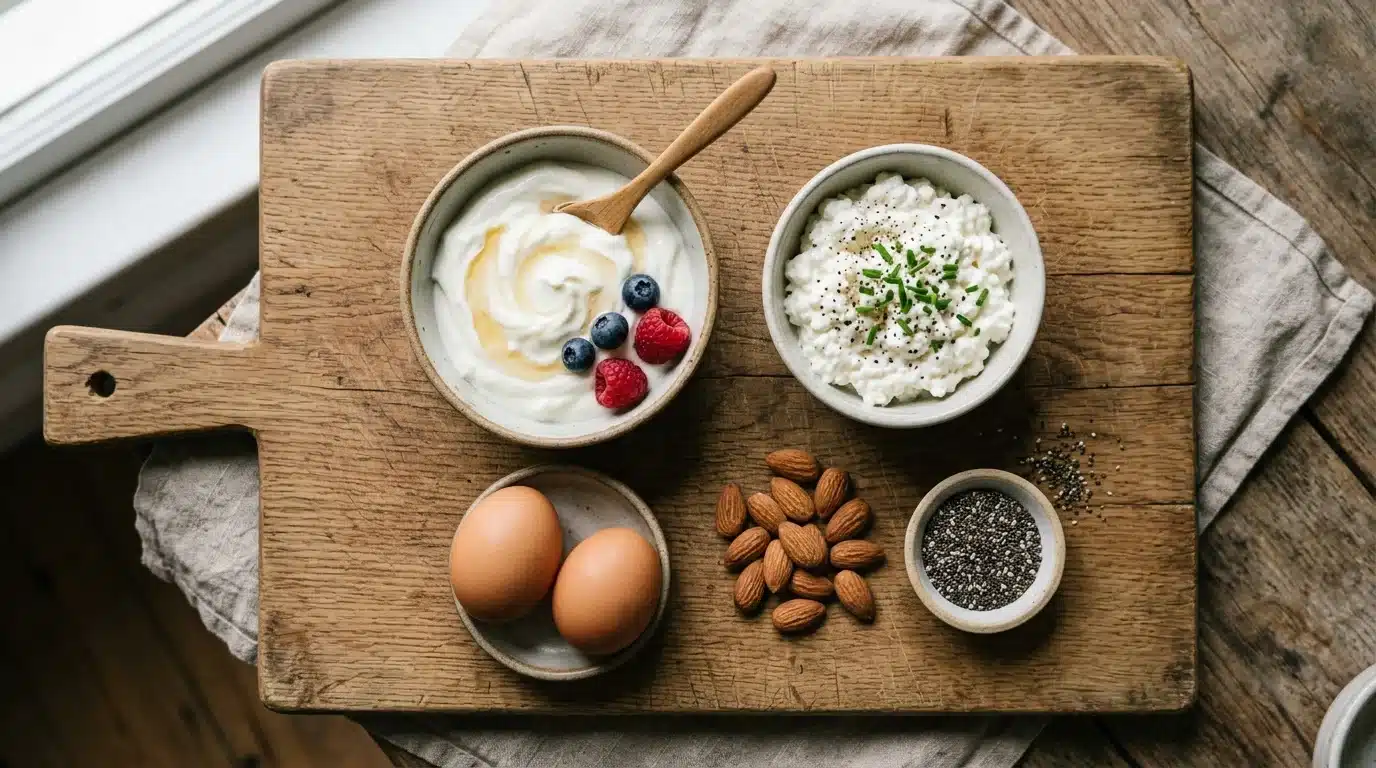 High protein breakfast recipes ingredients including eggs and Greek yogurt