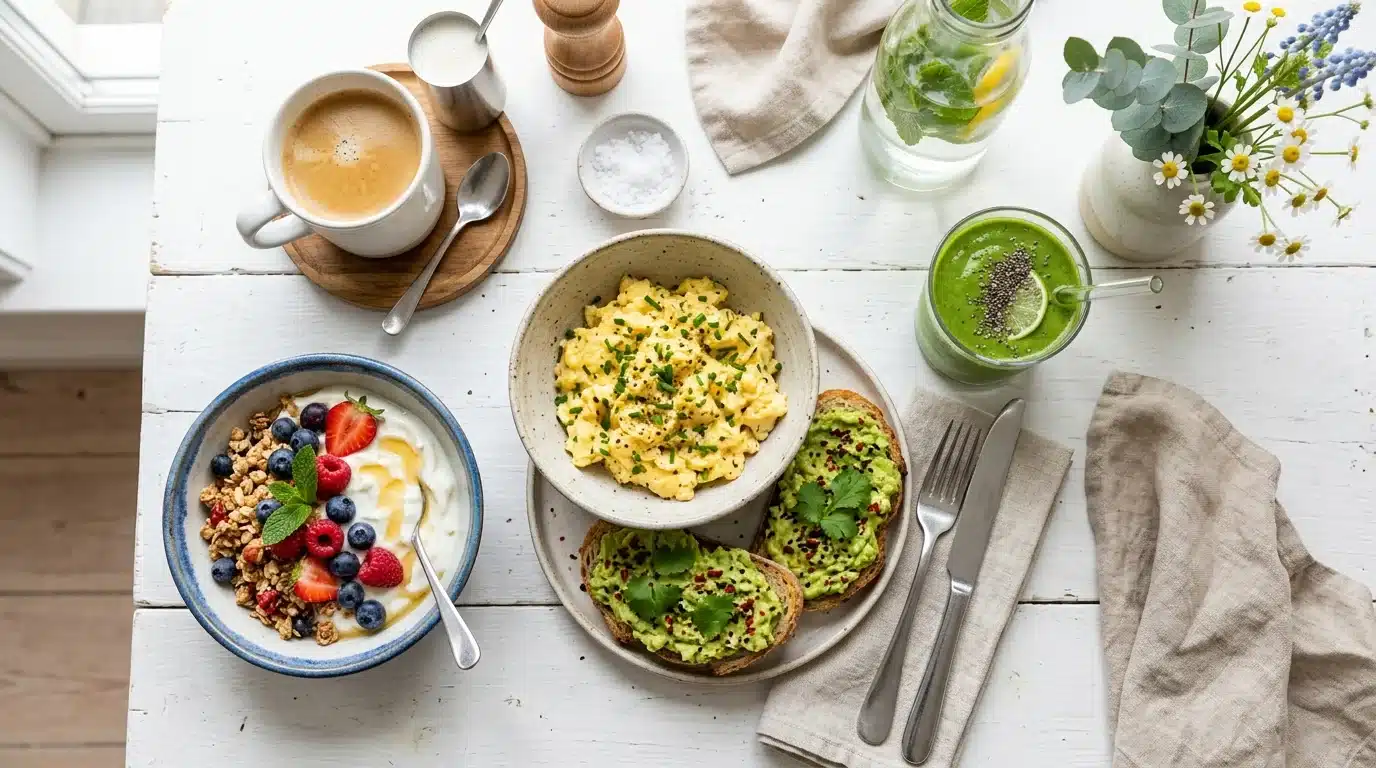 High protein breakfast recipes overhead table with yogurt bowl and eggs