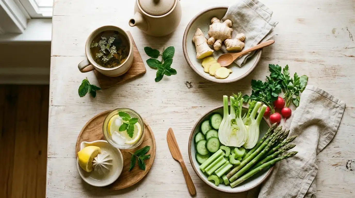 Natural remedies for bloating including peppermint tea and ginger
