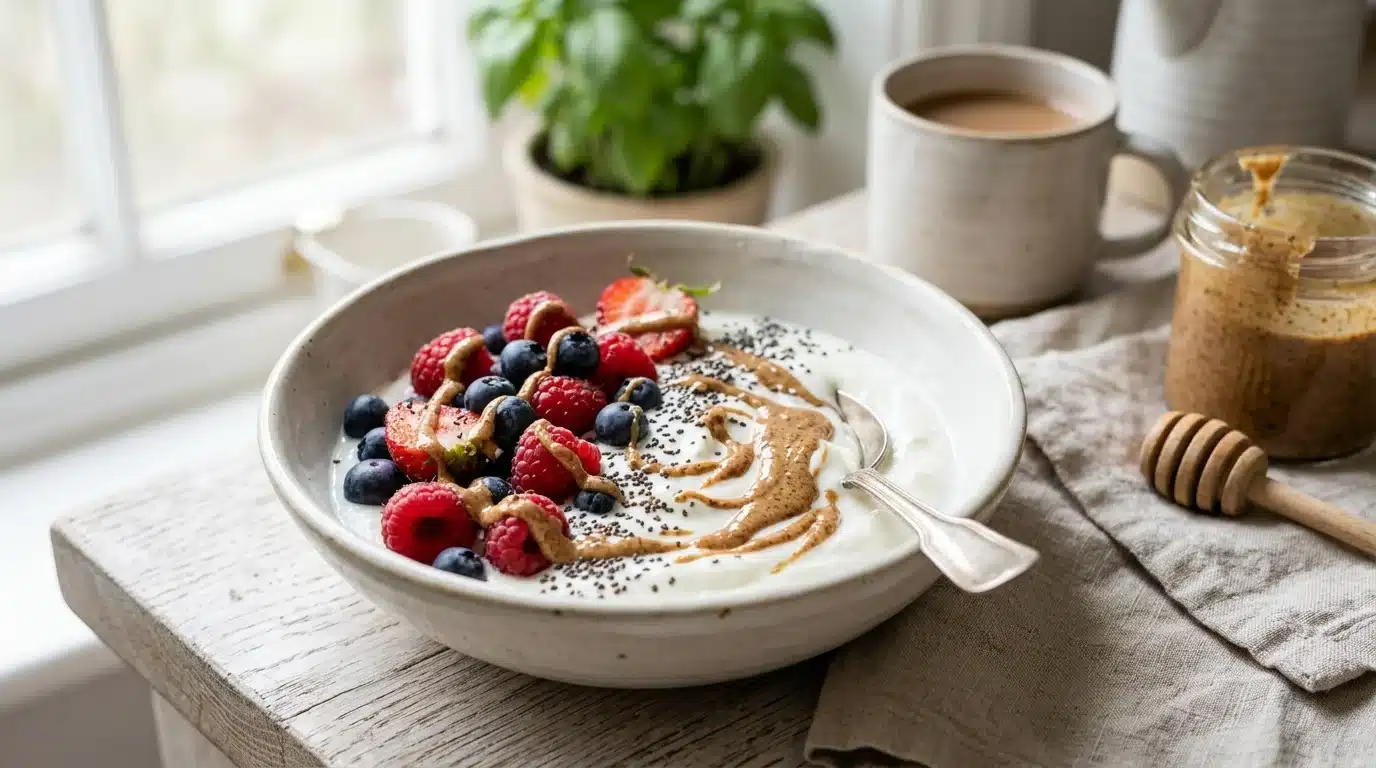 Quick high protein breakfast recipe with Greek yogurt and berries