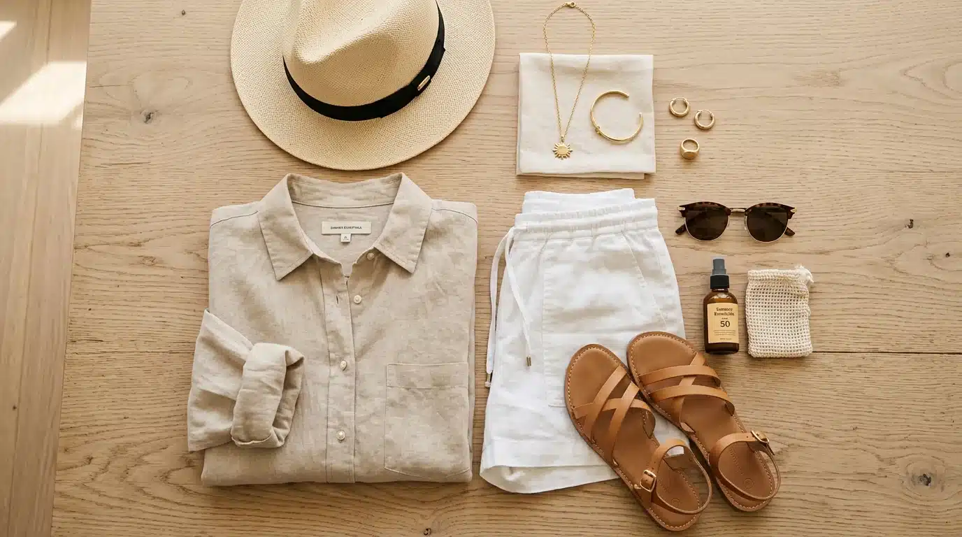 Flat lay of summer 2026 fashion trend essentials including linen shirt and straw hat