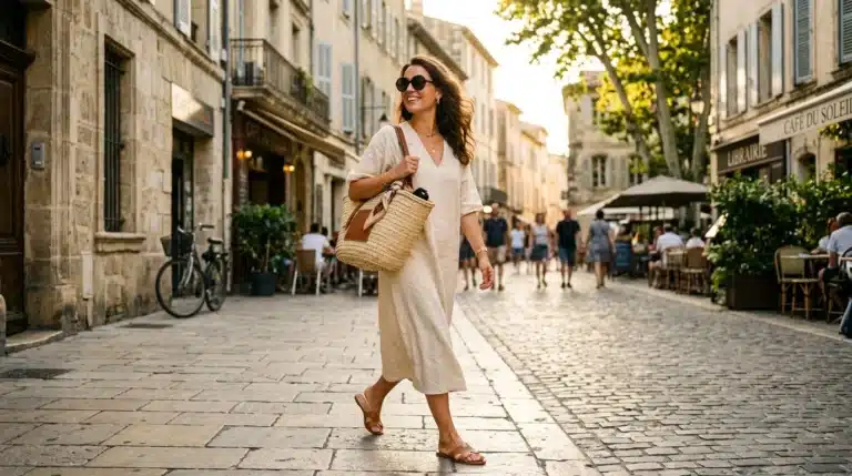 Woman wearing a summer outfit idea 2026 linen dress on a sunny street